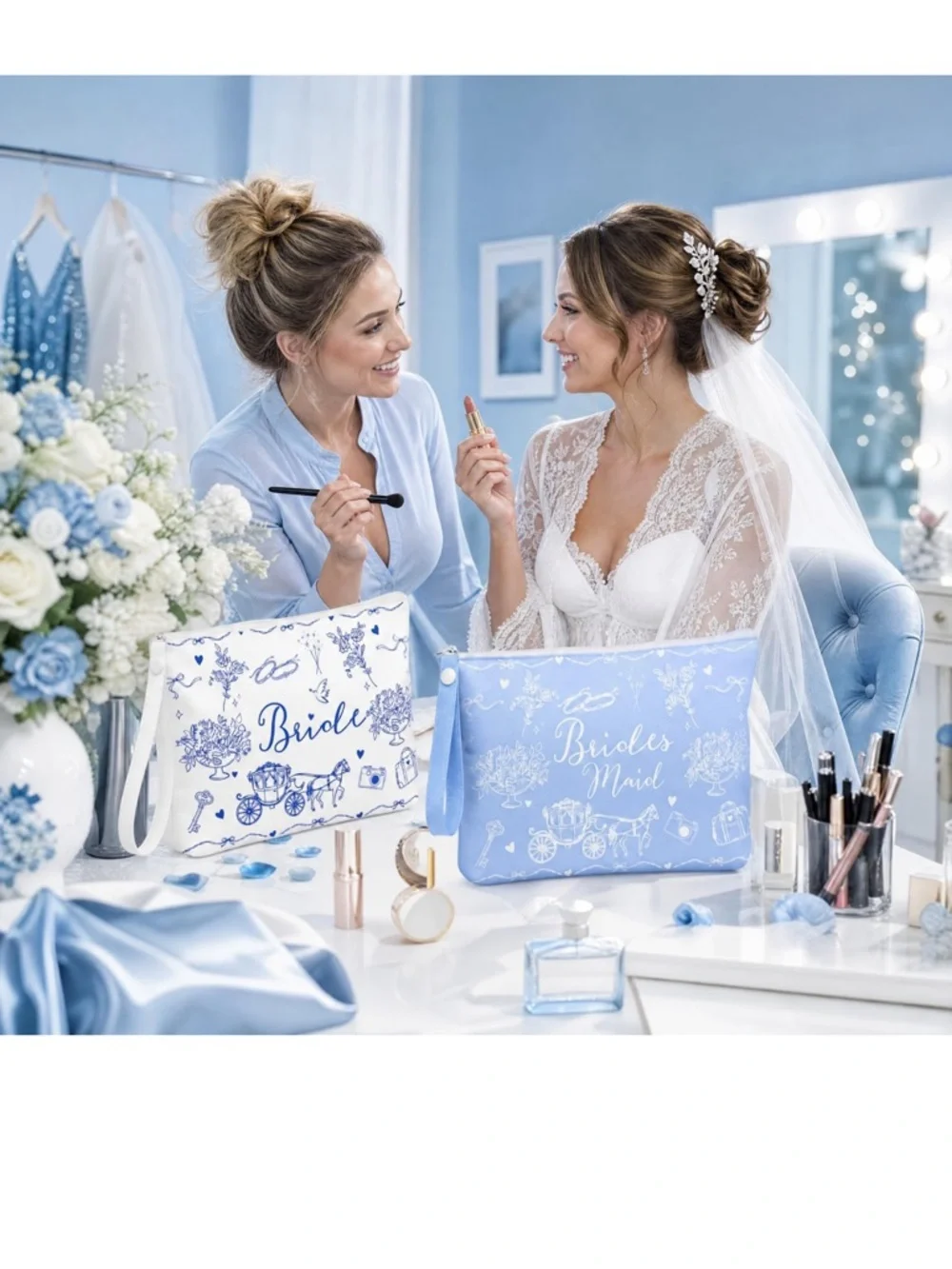 Bridesmaids Cosmetic Pouches- Blue and White with Handle